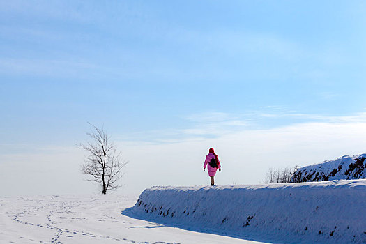 一个女人在雪地田埂上