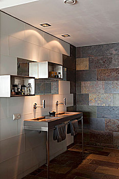 现代,浴室,简约,盥洗盆,不锈钢,仰视,架子,瓷砖墙