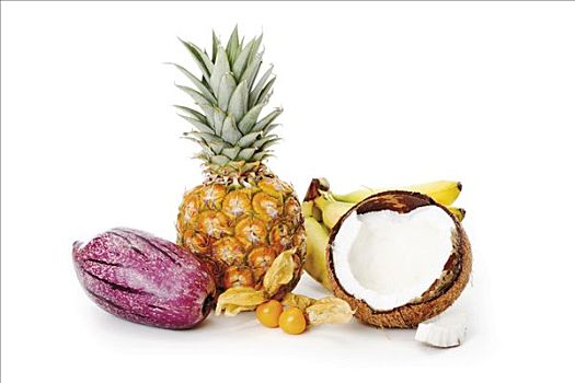 构图,热带水果,小菠萝,菠萝,香蕉,香蕉科,椰子,椰,灯笼果,水果,外皮,茄属植物