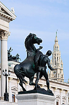 奥地利,议会,建筑,维也纳,道路,雕塑,马,驯服手,正面,塔,城市,欧洲