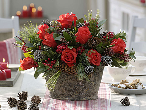 红配绿,圣诞节,花束,粉色,红玫瑰,茵芋属