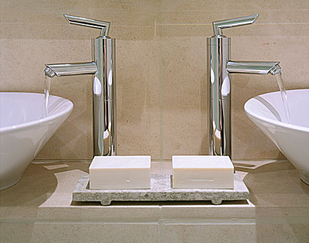 特写,现代,浴室,展示,相似,盥洗池,石头,架子,铬合金,水龙头,肥皂