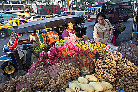 泰国,曼谷,女人,购物,路边,水果,摊贩