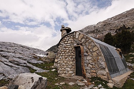 石头,小屋,比利牛斯山脉,西班牙