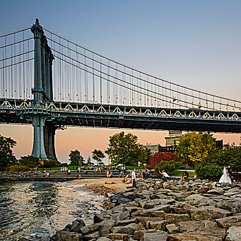 人,享受,公园,曼哈顿大桥,日落,布鲁克林,纽约,美国