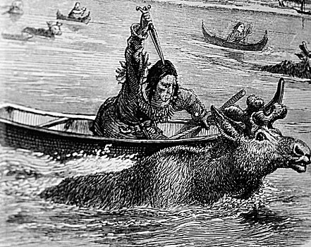 驼鹿,交叉,水,部落,划船,独木舟,特写,充足,使用,矛,刀