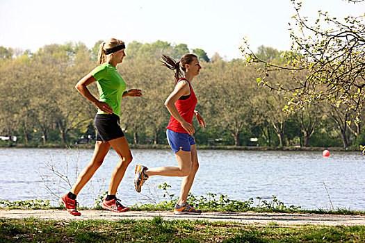 两个,娱乐,跑步者,女青年,25-30岁,慢跑,湖岸,小路