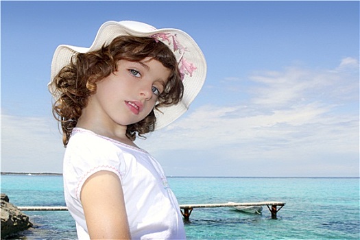游客,小女孩,帽子,福门特拉岛,蓝绿色海水