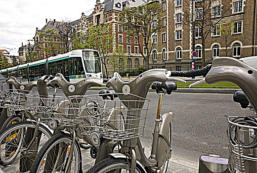法国,巴黎,社区,自行车,有轨电车,背景