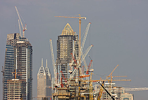 阿联酋,迪拜,码头,许多,起重机,不同,塔,施工,湖,岸边,背景