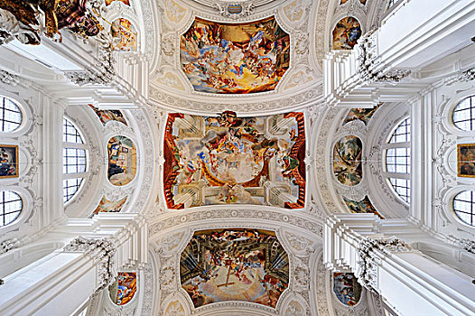 柱子,粉饰灰泥,工作,天花板,壁画,拱顶,大教堂,拉文斯堡,巴登符腾堡,德国,欧洲