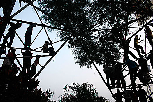 渴望,支持者,攀爬,泛光灯,杆,体育场,瞥,会面,总统,十二月,2008年,达卡,孟加拉