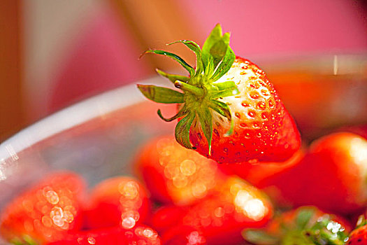 一个新鲜红色的草莓悬在半空中的特写