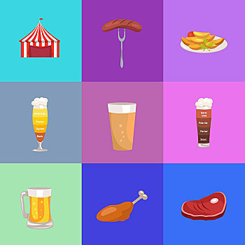图像,矢量,插画,红色,帐蓬,香肠,叉子,玻璃杯,鲜明,黑啤酒,肉,火腿
