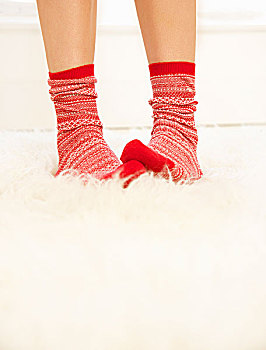 女人,脚,红色,白色,羊毛袜,绒毛状,地毯