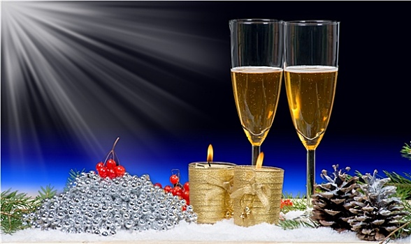 两个,玻璃杯,香槟,圣诞装饰,蜡烛