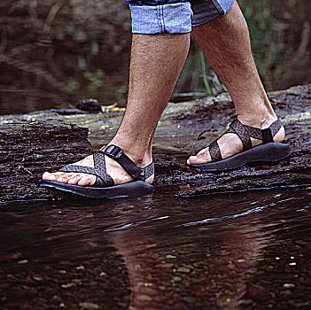 男人,穿,凉鞋,远足,浸湿,树林