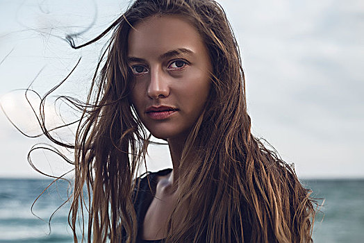 年轻,女人,头像,长发,海滩,敖德萨,乌克兰