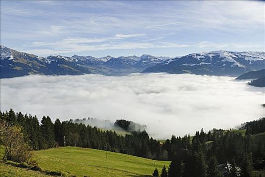 雾,山谷,雪山,顶峰,晚秋,提洛尔,奥地利,欧洲