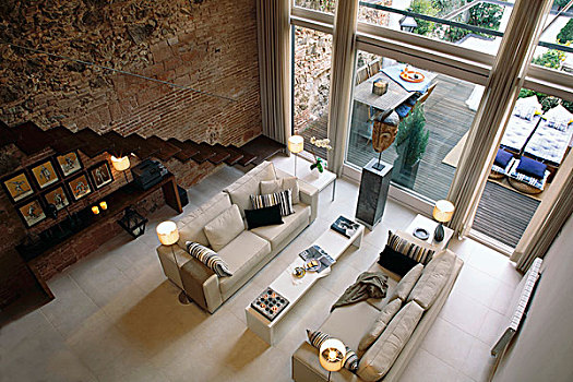 俯视,沙发,风景,宽敞,客厅,窗户,天然石,砖墙