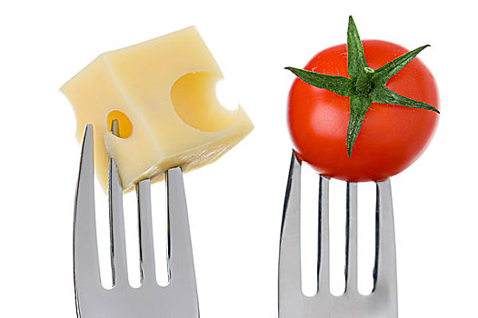 奶酪,西红柿,叉子,白色