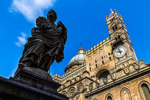 剪影,雕塑,圣徒,正面,钟楼,圆顶,巴勒莫,大教堂,历史,西西里,意大利