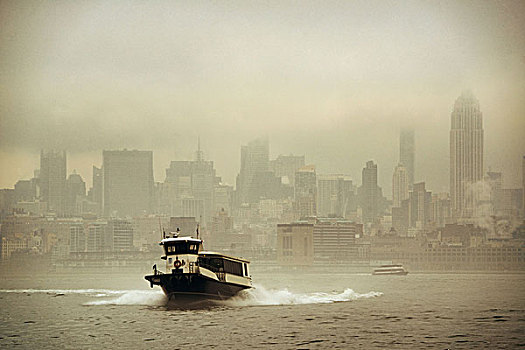 曼哈顿中城,摩天大楼,船,雾,纽约