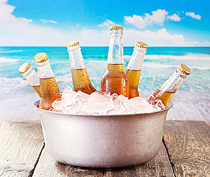 寒冷,瓶子,啤酒,桶,冰,上方,海洋