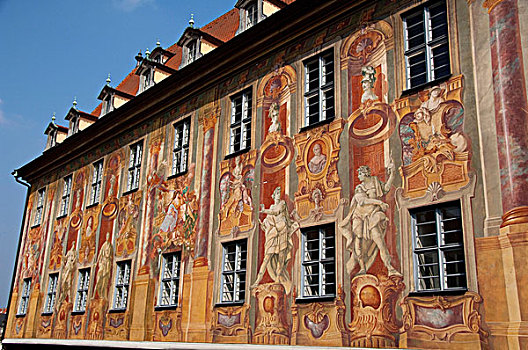 德国,班贝格,历史,14世纪,巴洛克,洛可可风格,老市政厅,特写,彩色,户外,壁画