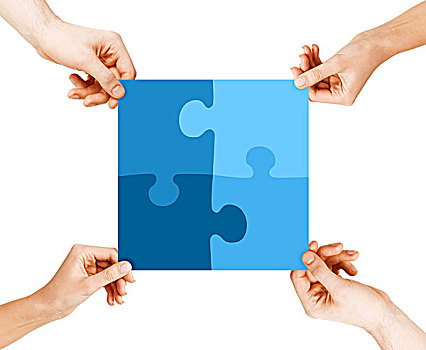 商务,团队,合作,概念,四个,手,联系,蓝色,拼图