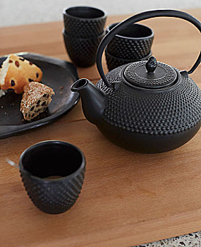 黑色,铸铁,茶具,东方,茶壶,盘子,糕点
