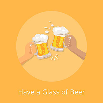 玻璃杯,啤酒,海报,拿着,两个,矢量,插画,橙色背景
