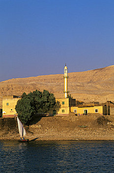埃及,尼罗河,路克索神庙,小,乡村,尖塔