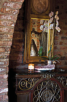 盆栽,兰花,老式,桌子,镜子,砖墙