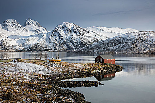 捕鱼,小屋,寒冷,湾,仰视,积雪,山,挪威