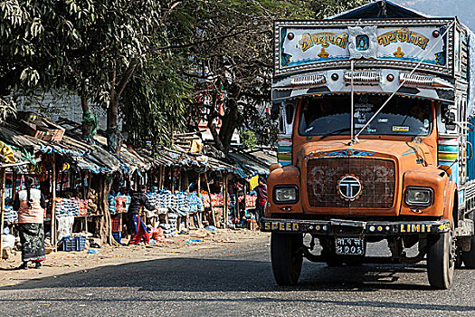 街景,尼泊尔,卡车,市场货摊,左边,亚洲