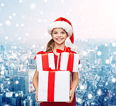 休假,礼物,圣诞节,孩子,人,概念,微笑,小女孩,圣诞老人,帽子,礼盒,上方,雪,城市,背景