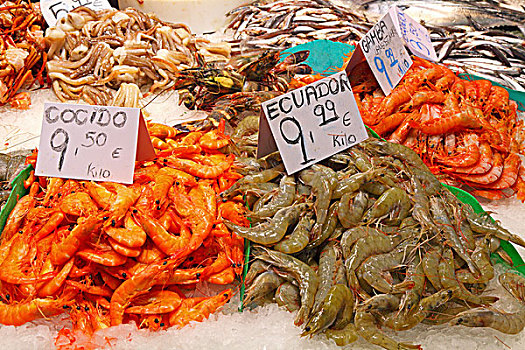 对虾,市场货摊,巴塞罗那,西班牙