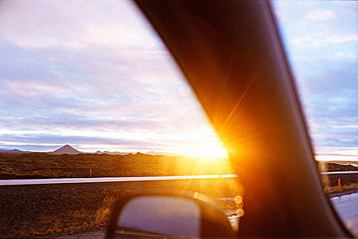 笔直,乡村道路,车窗,日落,韦斯特兰德,冰岛