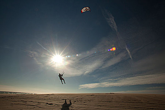 孤单,风筝冲浪手,空中,风筝,龙,太阳,黎明,沙滩,海滩,哥斯达黎加,赫罗纳,西班牙,欧洲