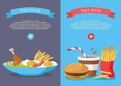快餐,概念,旗帜,网站,设计,鸡肉,煎鸡蛋,熏肉,炸薯条,沙拉,盘子,苏打,汉堡包,红色,包,海报,玩,食物,矢量