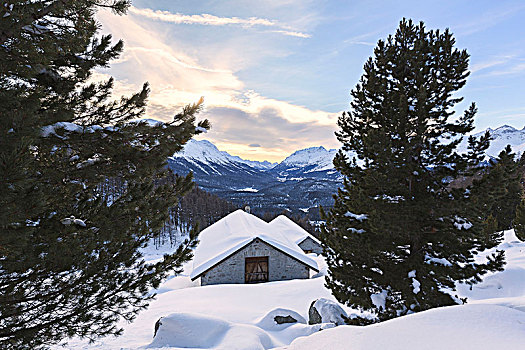 小屋,高山,冬天,日落,恩格达恩,格劳宾登,瑞士