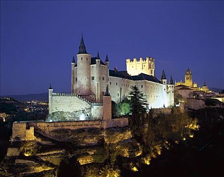 城堡,夜景,塞戈维亚,卡斯蒂利亚,西班牙
