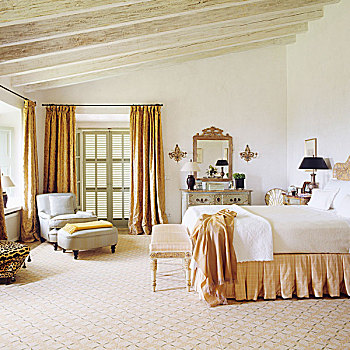 卧室,地面,双人床,舒适,扶手椅,乡村,木梁