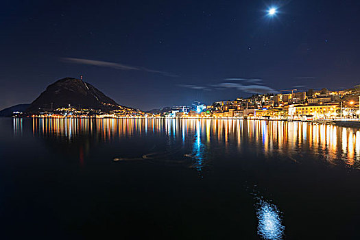 城市灯光,光亮,平和,湖,卢加诺,提契诺河,瑞士