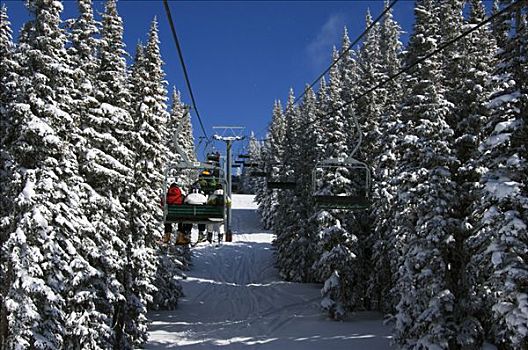 美国,科罗拉多,滑雪胜地,滑雪者,空中缆椅,背影,器具