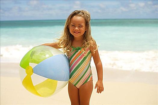 夏威夷,瓦胡岛,小女孩,姿势,海滩,水皮球