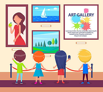 孩子,画廊,看,绘画,矢量,彩色,插画,平面设计,小,人,成长