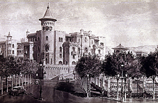 风景,总部,斜,道路,巴塞罗那,20世纪40年代