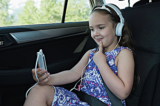 可爱,女孩,打手机,听,音乐,汽车